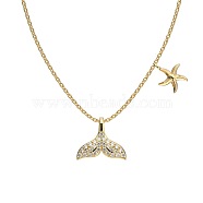 Summer Beach 925 Sterling Silver Micro Pave Clear Cubic Zirconia Cable Chain Whale Tail & Starfish Pendant Necklaces, Real 18K Gold Plated, 15.75 inch(40cm)(NJEW-Q342-02G)