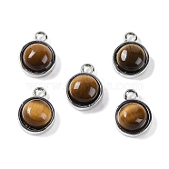 Natural Tiger Eye Pendants, with Platinum Tone Rack Plating Brass, Flat Round, 9.8x7.5x4.3mm, Hole: 1.2mm(G-K372-03P-13)