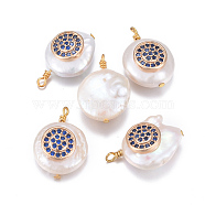 Natural Cultured Freshwater Pearl Pendants, with Brass Micro Pave Cubic Zirconia Findings, Nuggets with Flat Round, Golden, Dark Blue, 17~26x11~16x5~11mm, Hole: 1.6~2mm(PEAR-L027-32D)