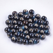 Handmade Porcelain Beads, Fancy Antique Glazed Porcelain, Round, Marine Blue, 6~7x5.5~6mm, Hole: 2~2.5mm(X-PORC-S498-19B-05)