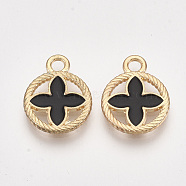 Alloy Pendants, Cadmium Free & Lead Free, with Enamel, Flat Round with Flower, Light Gold, Black, 16x13x1.5mm, Hole: 2mm(ENAM-S115-114A)
