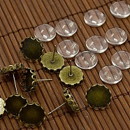 12x5~6mm Dome Transparent Glass Cabochons and Antique Bronze Brass Ear Stud Findings for DIY Stud Earrings, Nickel Free, Ear Stud: 13mm, Pin: 0.6mm, Tray: 12mm(DIY-X0180-AB-NF)