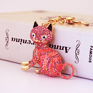 Fashion Rhinestones Enamel Sitting Cat Pendant Keychain, with Alloy Findings, for Car Bag Pendant Keychain, Red, 12cm(ANIM-PW0001-022A)
