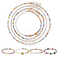8Pcs 8 Style Natural Pearl & Glass Seed Jewelry Set, Beaded Necklaces and Stretch Bracelets with Evil Eye for Women, Mixed Color, 385~520mm, Inner Diameter: 2 inch(5.2cm), 1Pc/style(SJEW-SW00004)