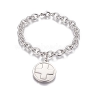 Stainless Steel Bracelets, with Enamel Charms, Round with Cross, Stainless Steel Color, 8-1/4 inch(210mm)(BJEW-I274-21)