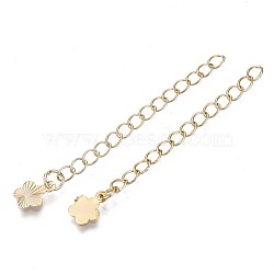 Brass Chain Extender, Cable Chain, Nickel Free, Flower, Real 18K Gold Plated, 56mm, Link: 4x3x0.4mm, Inner Size: 3x2mm, Flower: 8.5x6.5x0.3mm(KK-T056-40G-NF)