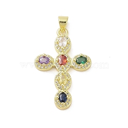 Real 18K Gold Plated Brass Micro Pave Random Color Cubic Zirconia Pendants, with Glass, Cross, Colorful, 31x21x4mm, Hole: 4x3.3mm(KK-A209-07A-G)