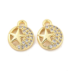 Brass Micro Pave Clear Cubic Zirconia Charms, Round with Star, Golden, 11x8.5x2.5mm, Hole: 1.2mm(KK-Z044-18G)