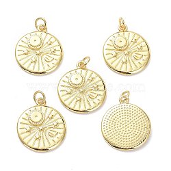 Brass Pendants, with Jump Rings, Long-Lasting Plated, Flat Round with Sun & Star & Moon, Real 18K Gold Plated, 21x19x3mm, Jump Ring: 5x1mm, 3mm Inner Diameter(KK-L206-018G)