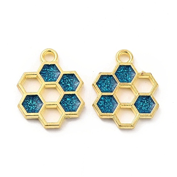 Alloy Enamel Pendants, Honeycomb Charm, Golden, Light Sea Green, 19x15x1.5mm, Hole: 2mm