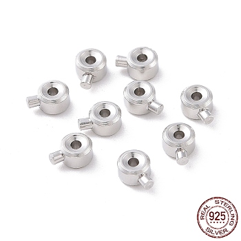 Rhodium Plated 925 Sterling Silver Crimp Beads, Loose Spacer Beads, Stopper Crimp Charms, Flat Round, Platinum, 4x3x2mm, Hole: 0.8mm, pin: 1mm