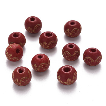 Painted Natural Wood Beads, Laser Engraved Pattern, Round with Flower Pattern, FireBrick, 10x9mm, Hole: 3mm