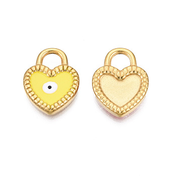 304 Stainless Steel Enamel Pendants, Real 18K Gold Plated, Heart with Evil Eye, Yellow, 18x14x2.5mm, Hole: 4.5x4.5mm