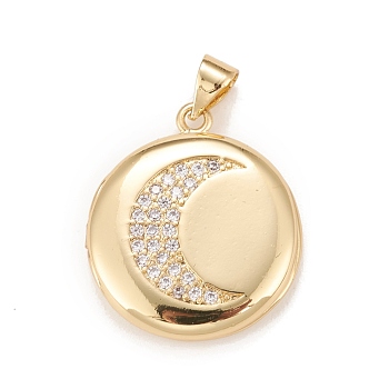 Brass Micro Pave Cubic Zirconia Locket Pendants, Photo Frame Charms for Necklaces, Real 18K Gold Plated, Lead Free & Cadmium Free, Flat Round with Moon, Clear, 23x20x5mm, Hole: 4x3mm, Inner Diameter: 15mm