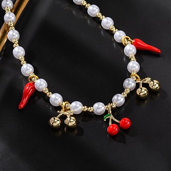 Brass Micro Pave Clear Cubic Zirconia Beaded Necklaces, with ABS Imitation Pearl Beads and Enamel, Cadmium Free & Lead Free, Long-Lasting Plated, Rack Plating, Real 18K Gold Plated, 16.77 inch(42.6cm)