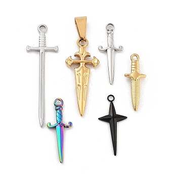 Stainless Steel Pendants, Sword Charm, Mixed Color, 25.5~45x9~14x2~3.5mm, Hole: 1.8~10x1.8~5mm