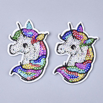 Computerized Embroidery Cloth Iron On Patches, with Paillette, Costume Accessories, Appliques, Unicorn, Colorful, 67x43.5x1.5mm