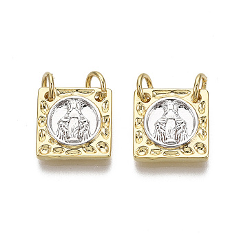 Brass Charms, with Jump Ring, Nickel Free, Square with Virgin Mary, Real 18K Gold Plated & Platinum, 12x12x2mm, Hole: 3mm
