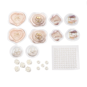 DIY Scrapbooking Tool Sets, Including Resin Wax Seal Stickers, Plastic Pearl Stickers and Flower Ring Plastic Beads, PeachPuff, 34.5~45x33~44.5x1.5~2mm
