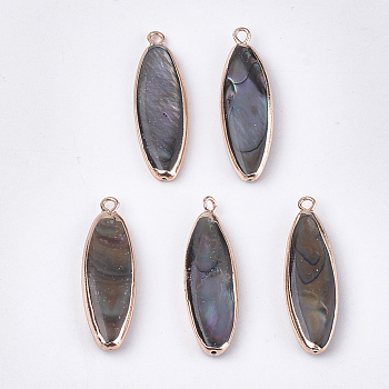 Electroplate Freshwater Shell Pendants, with Half Hole, Dyed, Oval, Coffee, 32~33x10x4~5mm, Hole: 1.8mm, Half Hole: 0.8~1mm
