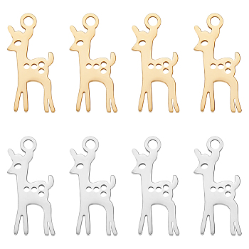 16Pcs 2 Colors Ion Plating(IP) 201 Stainless Steel Pendants, Laser Cut, Deer, Golden & Stainless Steel Color, 19.5x9x1mm, Hole: 1.4mm, 8pcs/color