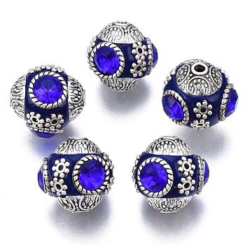 Handmade Indonesia Round Beads, with Glass Cabochons and Antique Silver Metal Color Double Alloy Cores, Midnight Blue, 14~15x15~16mm, Hole: 2mm