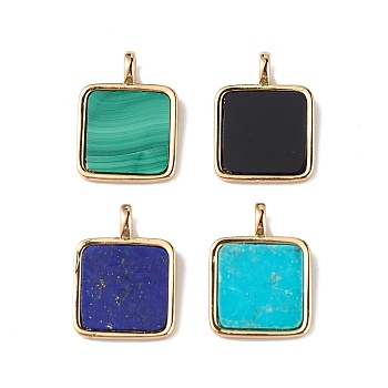Natural Mixed Stone Pendants, Square Charms with Rack Plating Golden Tone Brass Findings, Lead Free & Cadmium Free, 16~16.5x12x1.5mm, Hole: 1.5x2mm