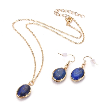 Natural Lapis Lazuli Pendant Jewelry Sets, Brass Cable Chain Necklaces & Dangle Earrings, with Brass Spring Ring Clasps, Earring Hooks and Plastic Ear Nuts, Oval, Golden, 15.94 inch(40.5cm), 38~39mm