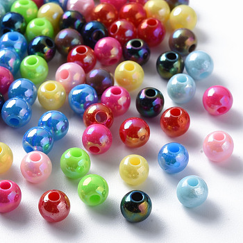 Opaque Acrylic Beads, AB Color Plated, Round, Mixed Color, 6x5mm, Hole: 1.8mm, about 4400pcs/500g