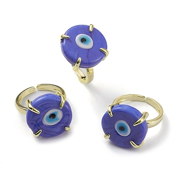 Lampwork Evil Eye Open Cuff Ring, Light Gold Brass Lucky Jewelry for Women, Lead Free & Cadmium Free, Royal Blue, US Size 6 1/4(16.7mm)