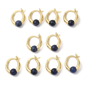 Natural Sodalite Round Beaded Hoop Earrings, Real 18K Gold Plated Brass Jewelry, Cadmium Free & Lead Free, 19x15x6.5mm