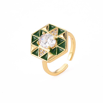 Brass Micro Pave Clear Cubic Zirconia Cuff Rings, Open Rings, with Enamel, Cadmium Free & Nickel Free & Lead Free, Hexagon, Real 16K Gold Plated, Dark Green, US Size 6, Inner Diameter: 17mm