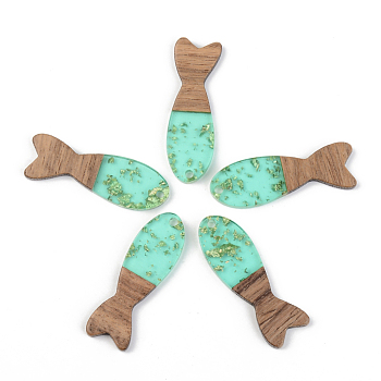 Transparent Resin & Walnut Wood Pendants, with Gold Foil, Fish, Pale Turquoise, 37.5x12x3mm, Hole: 2mm
