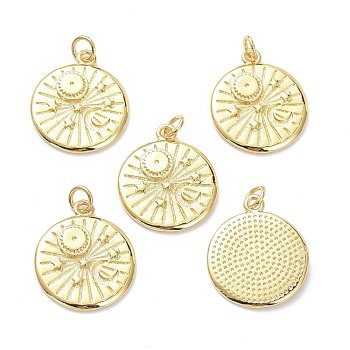 Brass Pendants, with Jump Rings, Long-Lasting Plated, Flat Round with Sun & Star & Moon, Real 18K Gold Plated, 21x19x3mm, Jump Ring: 5x1mm, 3mm Inner Diameter