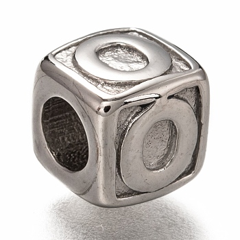 304 Stainless Steel European Beads, Large Hole Beads, Horizontal Hole, Cube with Letter, Stainless Steel Color, Letter.O, 8x8x8mm, Hole: 4.5mm