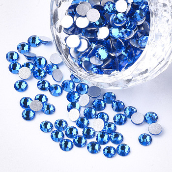 Glass Flat Back Rhinestone Cabochons, Back Plated, Faceted Half Round, Capri Blue, SS12, 3~3.2x1.5mm, about 1440pcs/bag