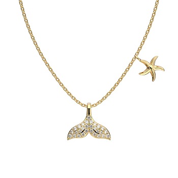 Summer Beach 925 Sterling Silver Micro Pave Clear Cubic Zirconia Cable Chain Whale Tail & Starfish Pendant Necklaces, Real 18K Gold Plated, 15.75 inch(40cm)