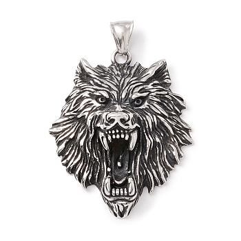 Tibetan Style 304 Stainless Steel Pendants, Tiger, Antique Silver, 47x39x14.5mm, Hole: 8x4mm