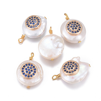Natural Cultured Freshwater Pearl Pendants, with Brass Micro Pave Cubic Zirconia Findings, Nuggets with Flat Round, Golden, Dark Blue, 17~26x11~16x5~11mm, Hole: 1.6~2mm