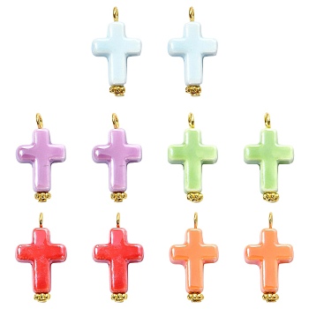 10Pcs 5 Colors Handmade Porcelain Pendants, with Iron Findings, Cross Charms, Golden, Mixed Color, 24mm, Hole: 3mm, 2pcs/color