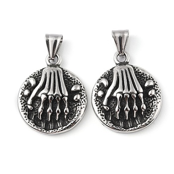 304 Stainless Steel Pendants, with 201 Stainless Steel Snap on Bails, Flat Round with Skull Charm, Antique Silver, 31.5x26x6mm, Hole: 9x4mm