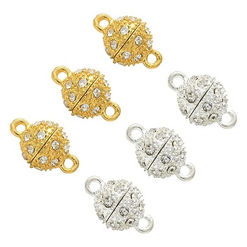 20 Sets 2 Colors Brass Magnetic Clasps, with Crystal Rhinestone, for Jewelry Making, Round, Golden & Silver, 16.5mm, Hole: 1.6mm, 10 sets/color