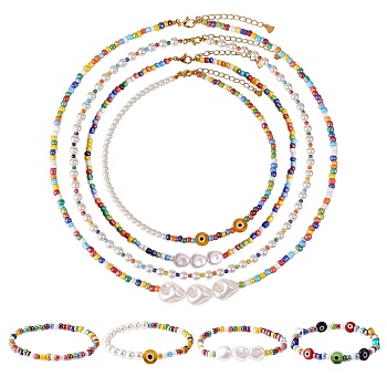 8Pcs 8 Style Natural Pearl & Glass Seed Jewelry Set, Beaded Necklaces and Stretch Bracelets with Evil Eye for Women, Mixed Color, 385~520mm, Inner Diameter: 2 inch(5.2cm), 1Pc/style