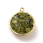 Natural Peridot Chip Pendants, with Rack Plating Real 18K Gold Plated Brass Findings, Round, Cadmium Free & Nickel Free & Lead Free, 24x20x10~13mm, Hole: 1.8mm(KK-C242-05G-07)