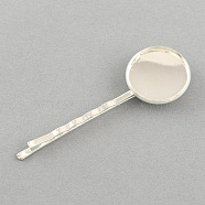 Iron Hair Bobby Pin Findings, with Brass Tray, Silver Color Plated, Tray: 18mm, 55x2x20mm(MAK-S007-18mm-FN001S)