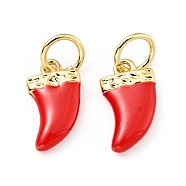 Brass Enamel Charms, with Jump Rings, Cadmium Free & Lead Free, Real 18K Gold Plated, Scabbard/Tusk Shape, Red, 14.5mm, Hole: 3.3mm(KK-G416-37G-02)
