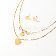 Golden Stainless Steel Jewelry Set, Pendant Necklaces & Stud Earrings, Heart, Necklace: 450mm, Earring: 10mm(QE0758-3)