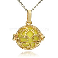 Golden Tone Brass Hollow Round Cage Pendants, with No Hole Spray Painted Brass Ball Beads, Champagne Yellow, 23x24x18mm, Hole: 3x8mm(KK-J231-01G)