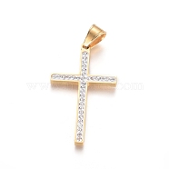Ion Plating(IP) 304 Stainless Steel Pendants, with Polymer Clay Rhinestone, Cross, Crystal, Golden, 43.5x25x3mm, Hole: 5.5x7.5mm(STAS-E485-05G)