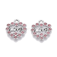 Rack Plating Alloy Pendants, with Rhinestone, Heart with Word Love, Light Rose, 16.5x16x2mm, Hole: 2mm(FIND-N005-07P-02)